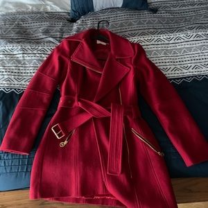 Michael Kors Asymmetrical Belted Peacoat - Red